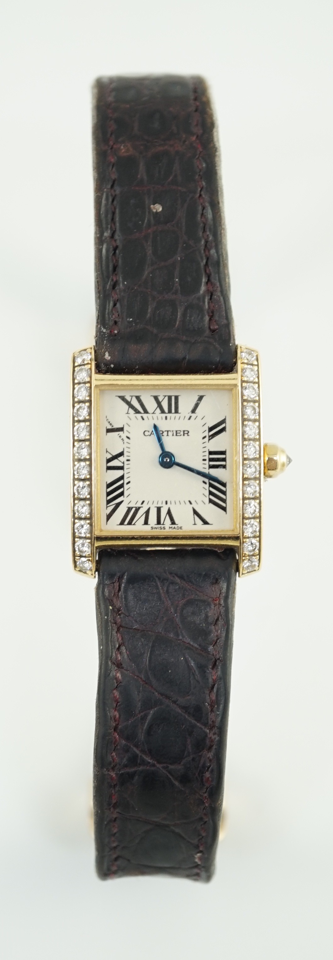 A lady's 2000 18k gold Cartier Tank Francaise square dial quartz dress wrist watch, with round brilliant cut diamond set case